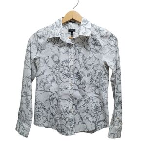 Sz 2P WMNS Button Up Talbots Shirt Cotton Blend White Grey Floral Outline